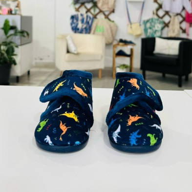 Zapatilla de casa bota y velcro - DINOS - azul marino