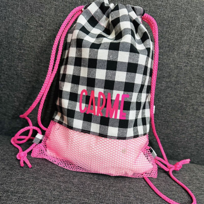 Mochila MINI MESH rosa fluor + vichy negro