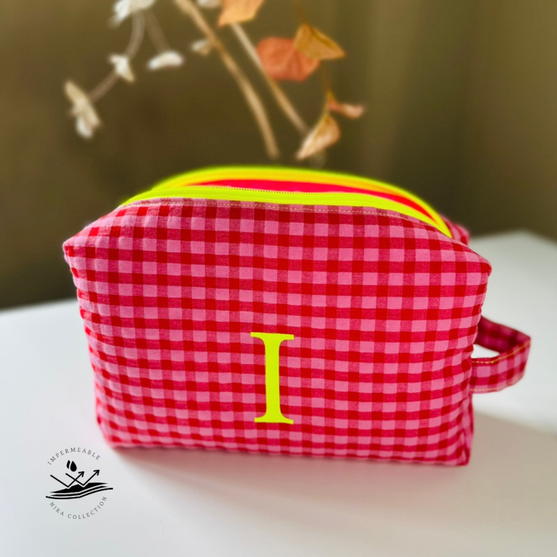 Neceser BOX talla L - vichy rosa rojo y amarillo flúor - impermeable interior rosa flúor