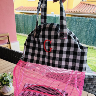 Mochila - bolsa MESH rosa flúor + vichy negro