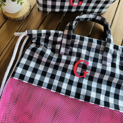 Mochila - bolsa MESH rosa flúor + vichy negro