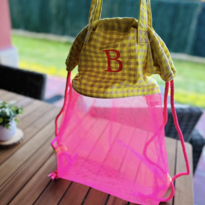 Mochila - bolsa MESH rosa flúor + vichy amarillo fluor