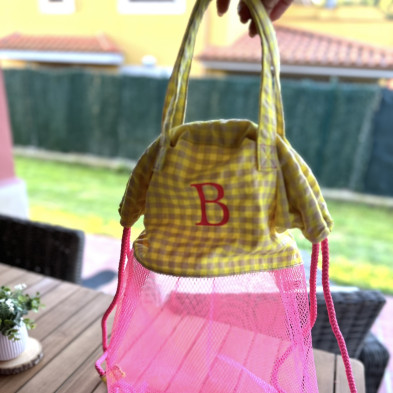Mochila - bolsa MESH rosa flúor + vichy amarillo fluor