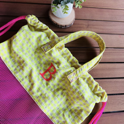 Mochila - bolsa MESH rosa flúor + vichy amarillo fluor
