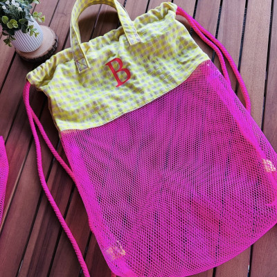 Mochila - bolsa MESH rosa flúor + vichy amarillo fluor
