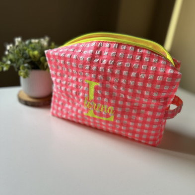 Neceser BOX talla L - vichy rosa fluor + interior flores rosa fluor - personalizable