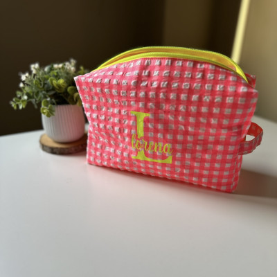 Neceser BOX talla L - vichy rosa fluor + interior flores rosa fluor - personalizable