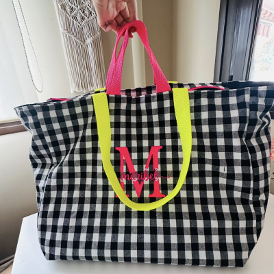 Totebag XL MARVE - vichy negro + flúor - personalizable