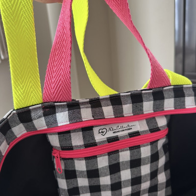 Totebag XL MARVE - vichy negro + flúor - personalizable