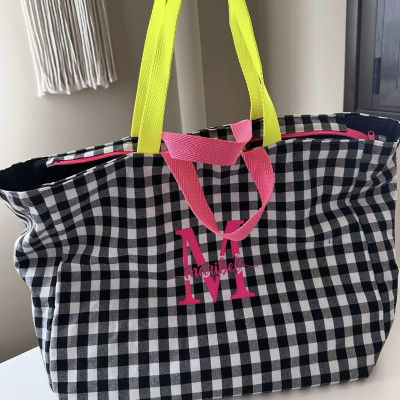 Totebag XL MARVE - vichy negro + flúor - personalizable