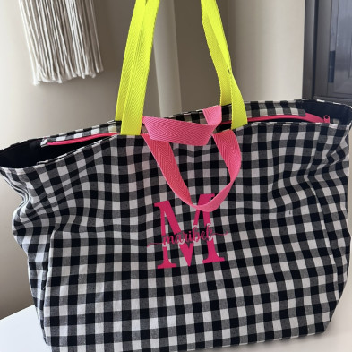 Totebag XL MARVE - vichy negro + flúor - personalizable