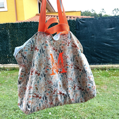Totebag XL vichy menta + fondo marino - reversible - personalizable
