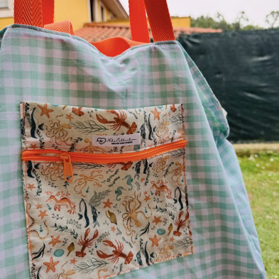 Totebag XL vichy menta + fondo marino - reversible - personalizable