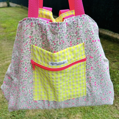 Totebag XL MARVE - vichy amarillo fluor + flor fluor -REVERSIBLE- personalizable