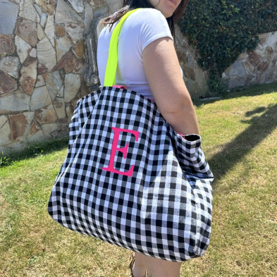 Totebag XL MARVE - vichy negro + flúor - personalizable