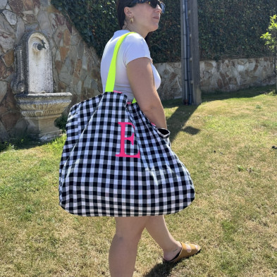 Totebag XL MARVE - vichy negro + flúor - personalizable