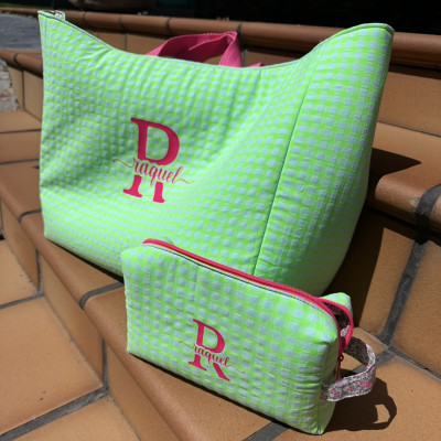 Totebag XL MARVE - vichy verde fluor + flor fluor -REVERSIBLE- personalizable