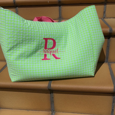 Totebag XL MARVE - vichy verde fluor + flor fluor -REVERSIBLE- personalizable
