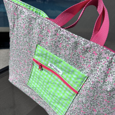 Totebag XL MARVE - vichy verde fluor + flor fluor -REVERSIBLE- personalizable