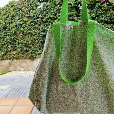 Totebag XL MARVE - vichy verde fluor + flor fluor -REVERSIBLE- personalizable