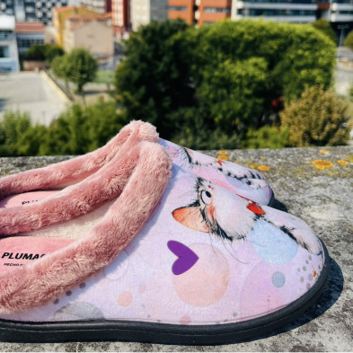Zapatilla de casa GATITO - Plumaflex gris y rojo