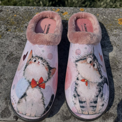 Zapatilla de casa GATITO - Plumaflex gris y rojo