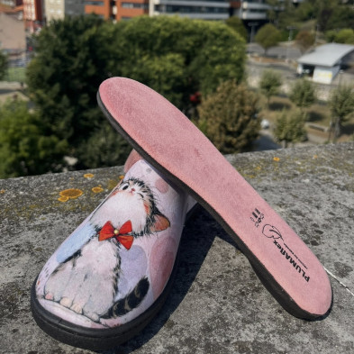 Zapatilla de casa GATITO - Plumaflex gris y rojo