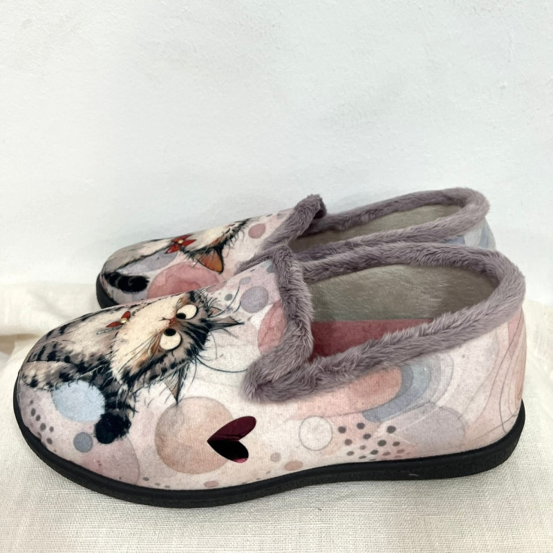 Zapatilla de casa GATITO - cerrada Plumaflex gris y rojo