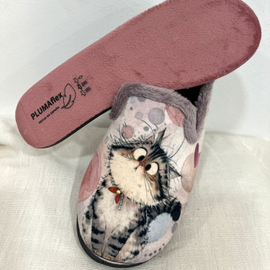 Zapatilla de casa GATITO - cerrada Plumaflex gris y rojo