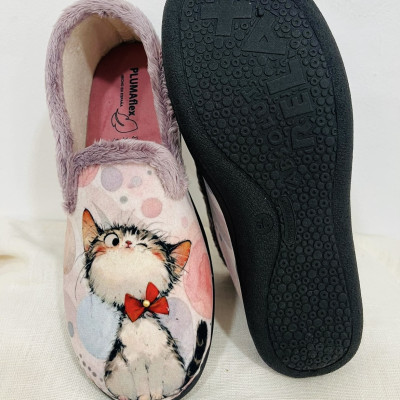 Zapatilla de casa GATITO - cerrada Plumaflex gris y rojo