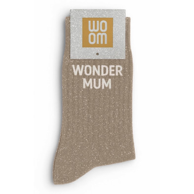 Calcetines mujer beige con brillo y mensaje “Wonder Mum”