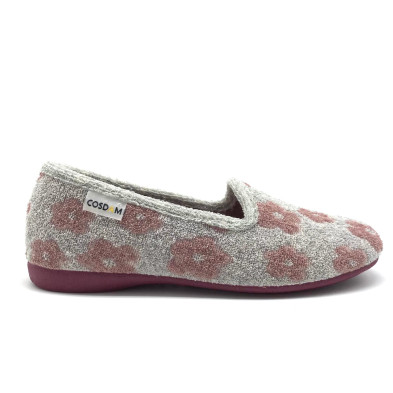 Zapatilla de casa cerrada rizo flores gris/rosa