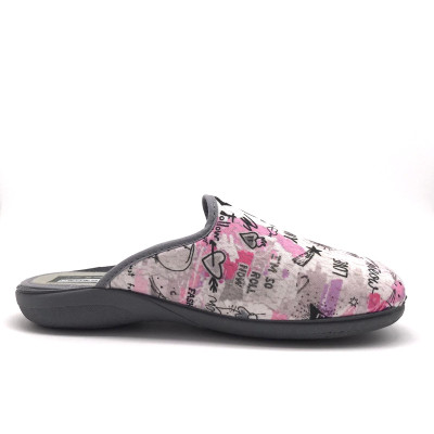 Zapatilla de casa descalza - dibujo abstracto gris/rosa