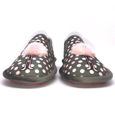 Zapatilla de casa BioRelax - cerrada - Flamenco + pompón - Gris y rosa