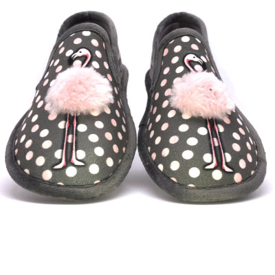 Zapatilla de casa BioRelax - cerrada - Flamenco + pompón - Gris y rosa