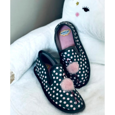 Zapatilla de casa BioRelax - cerrada - Flamenco + pompón - Gris y rosa