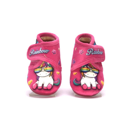 Zapatilla de casa infantil - bota y velcro unicornio fuxia