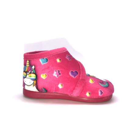 Zapatilla de casa infantil - bota y velcro unicornio fuxia