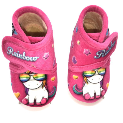 Zapatilla de casa infantil - bota y velcro unicornio fuxia