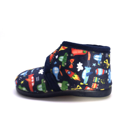 Zapatilla de casa infantil - bota y velcro - vehículos azul