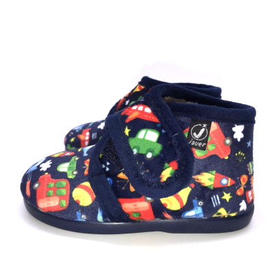 Zapatilla de casa infantil - bota y velcro - vehículos azul