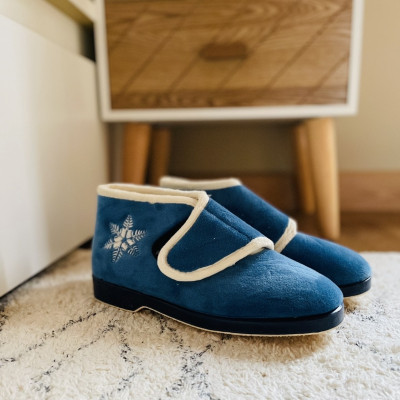 Zapatilla de casa de bota - ZULMA - Azul y beige