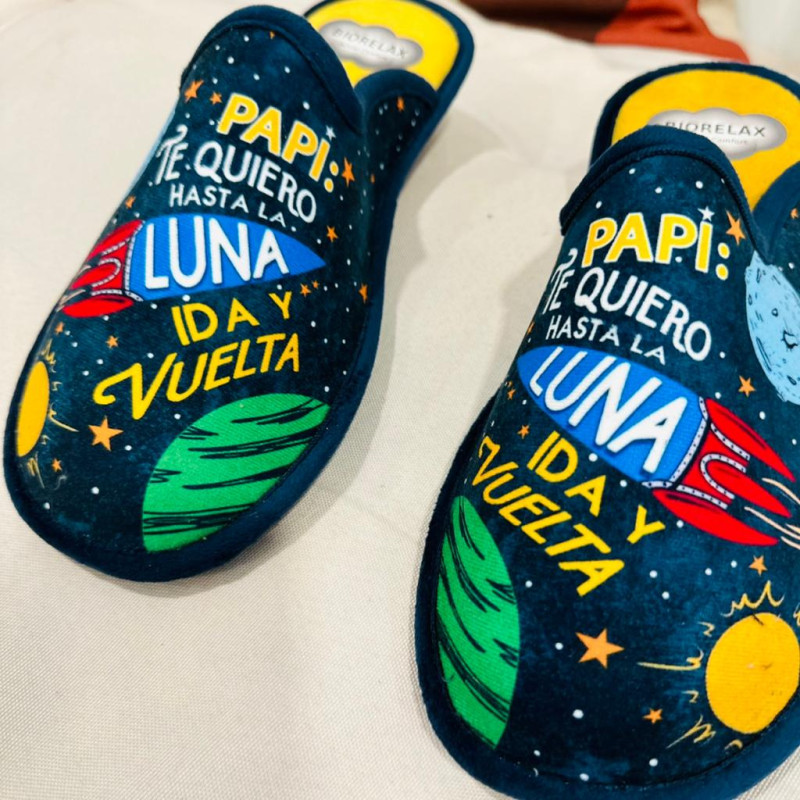 Zapatilla de casa Papá LUNA abierta - dibujo azul marino