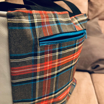 Totebag TARTAN + polipiel gris - personalizable