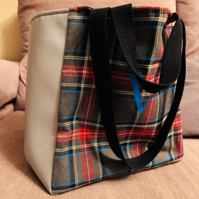 Totebag TARTAN + polipiel gris - personalizable