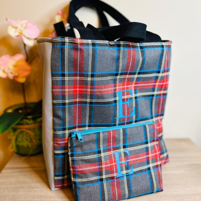 Totebag TARTAN + polipiel gris - personalizable