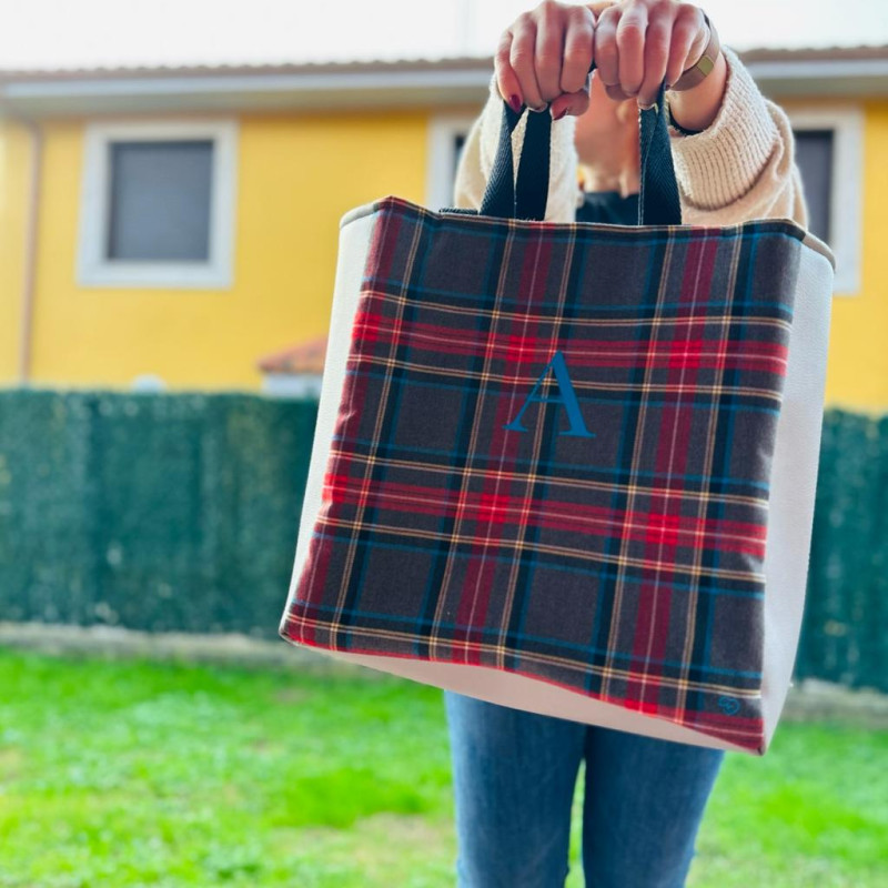 Totebag TARTAN + polipiel gris - personalizable