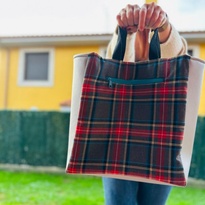 Totebag TARTAN + polipiel gris - personalizable