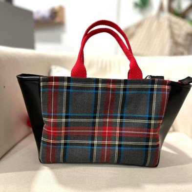 Bolso pocket TARTAN gris + polipiel negro - personalizable