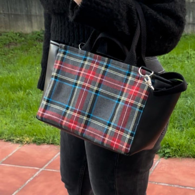 Bolso pocket TARTAN gris + polipiel negro - personalizable